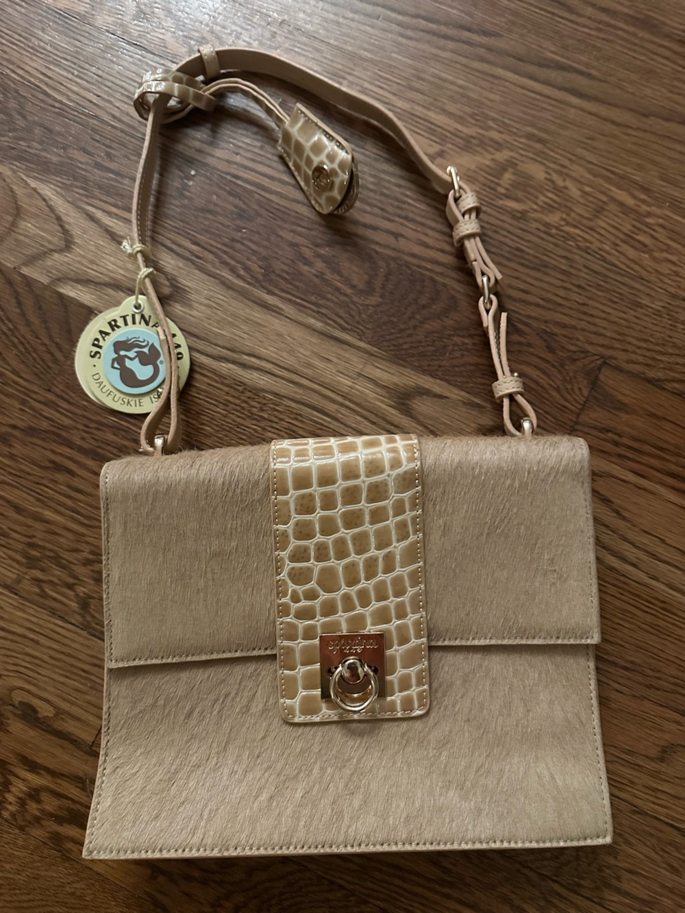 NWT Spartina 449 Blonde calf hair Croc-Embossed Flap Shoulder Bag with key chain - Picture 3 of 15